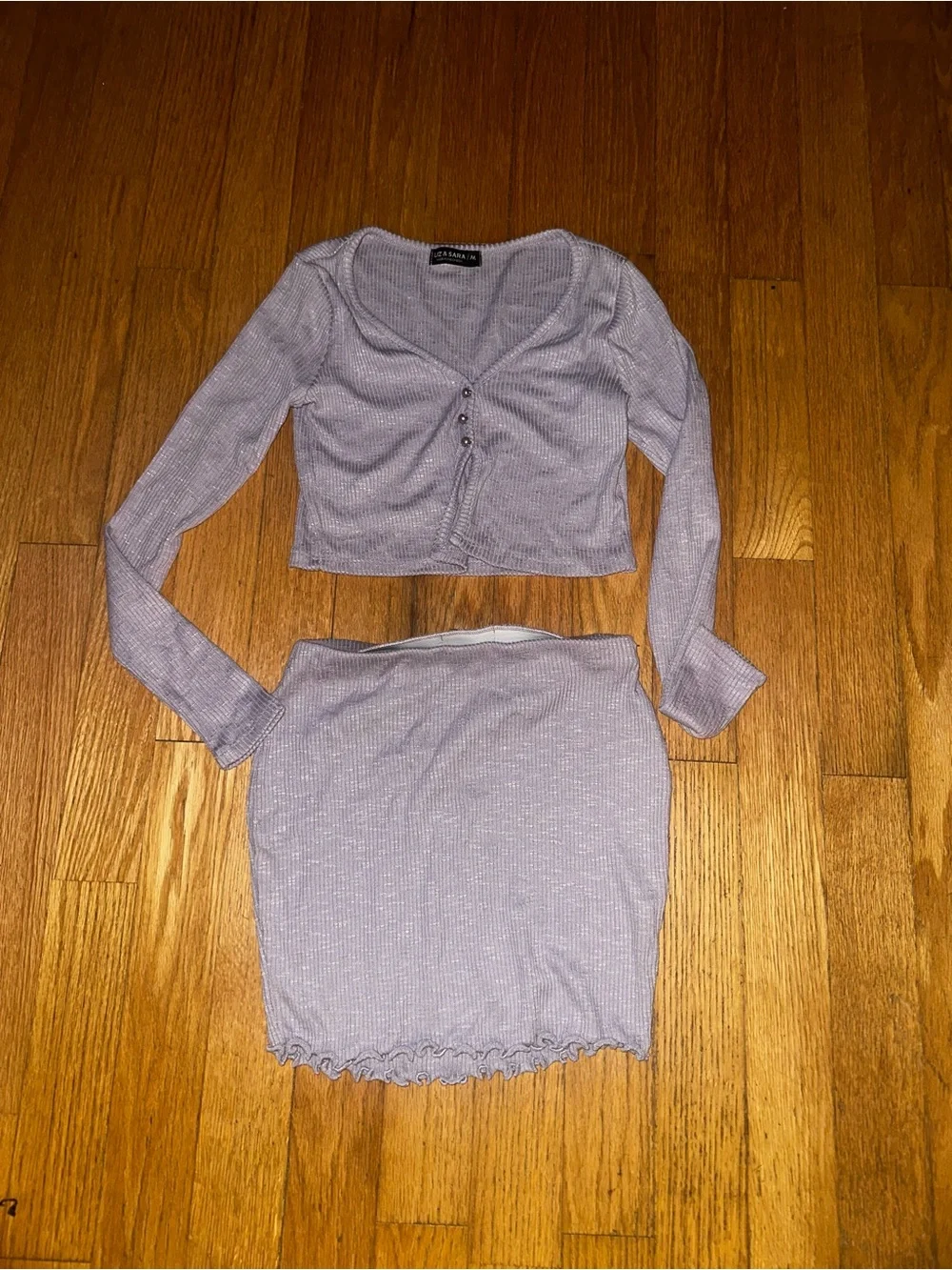 Ribbed Lavender V-Neck Long-Sleeve Crop Top & Mini Skirt Set